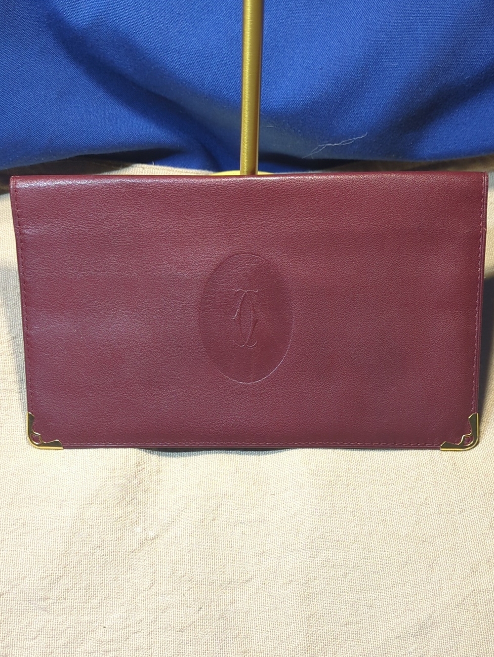 Vintage Cartier Burgundy Leather Envelope Clutch with Gold Corners $125